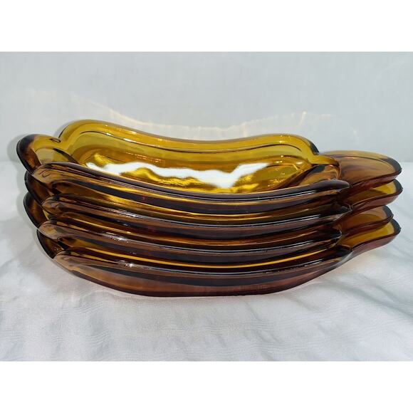 Set of 4 Vintage Amber Glass Banana Split Ice Cream Sundae Boat Dishes - Picture 10 of 13